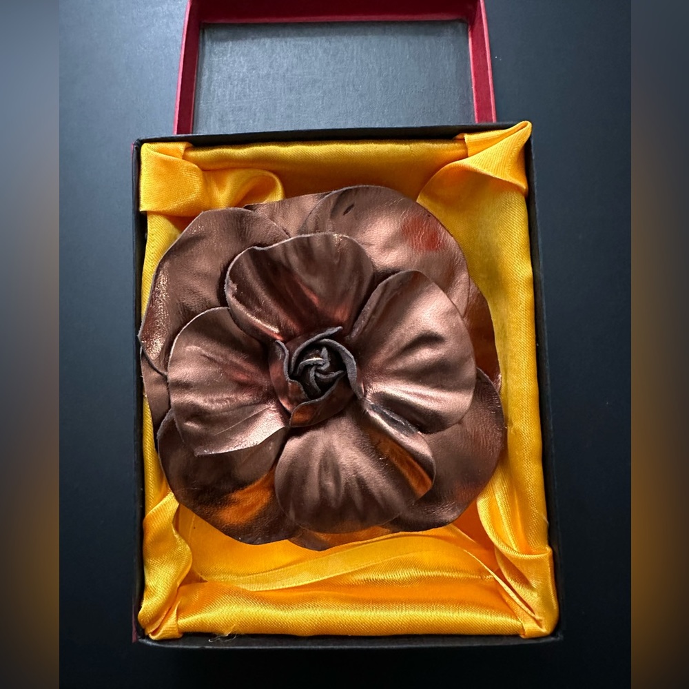 Copper Color Camelia Brooch Pin - Genuine Leather Fabric - Vintage By Jocelyn